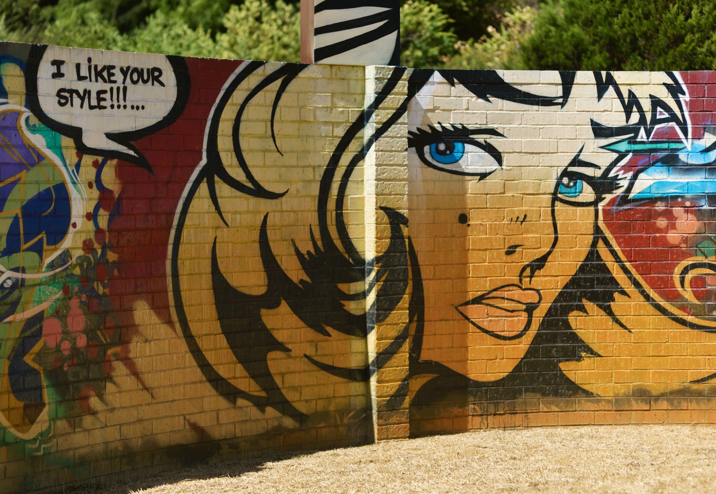 Pop art mural of a blue-eyed woman with a speech bubble reading I like your style