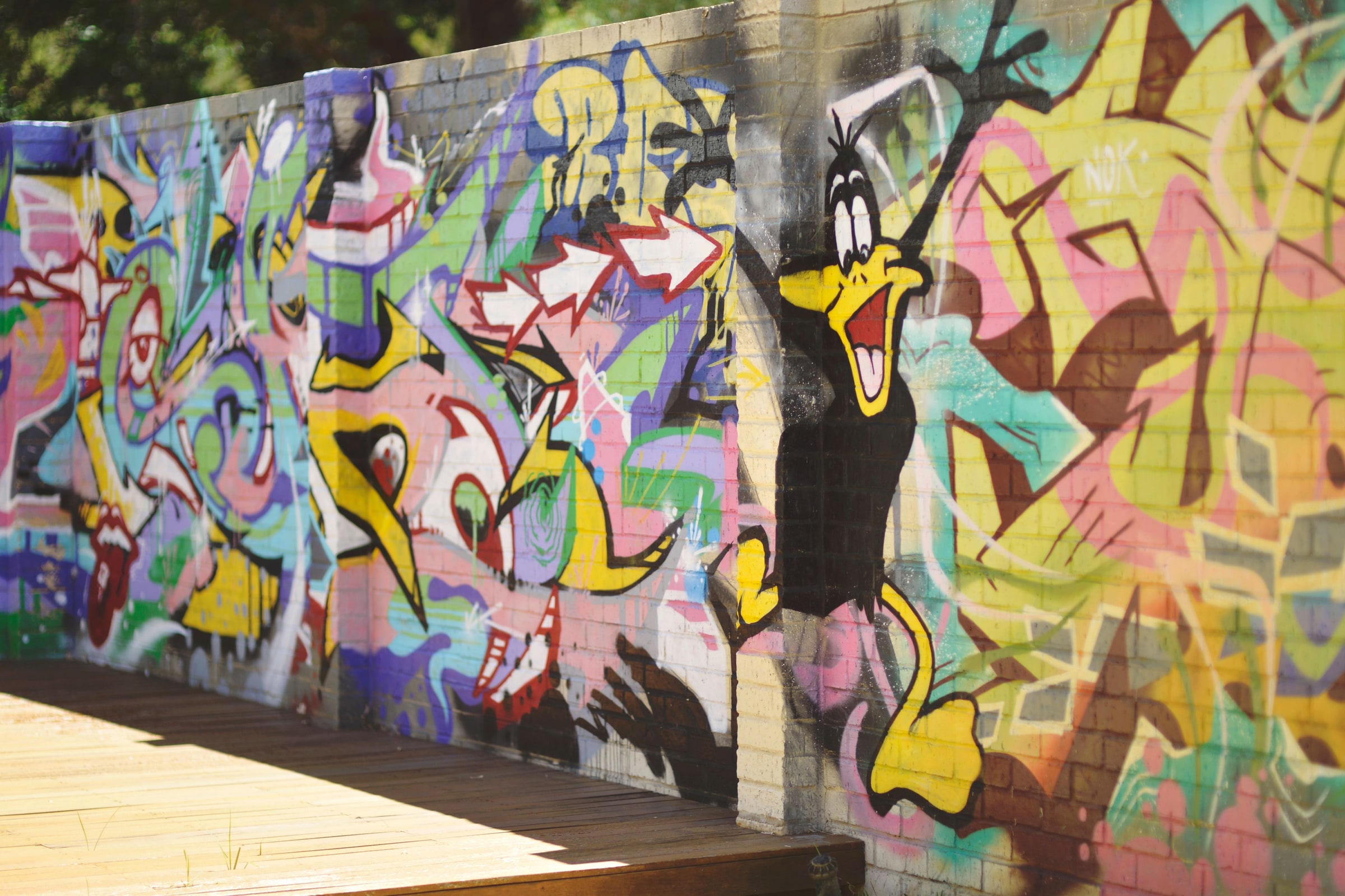 Colourful graffiti wall with a cartoon duck mural beside a sunlit timber deck