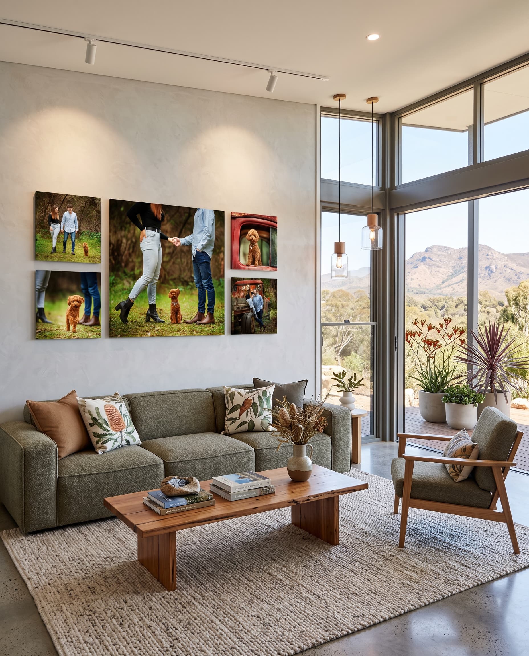 A wall of five canvases of a couple and their dog above a grey sofa in a light-filled living room