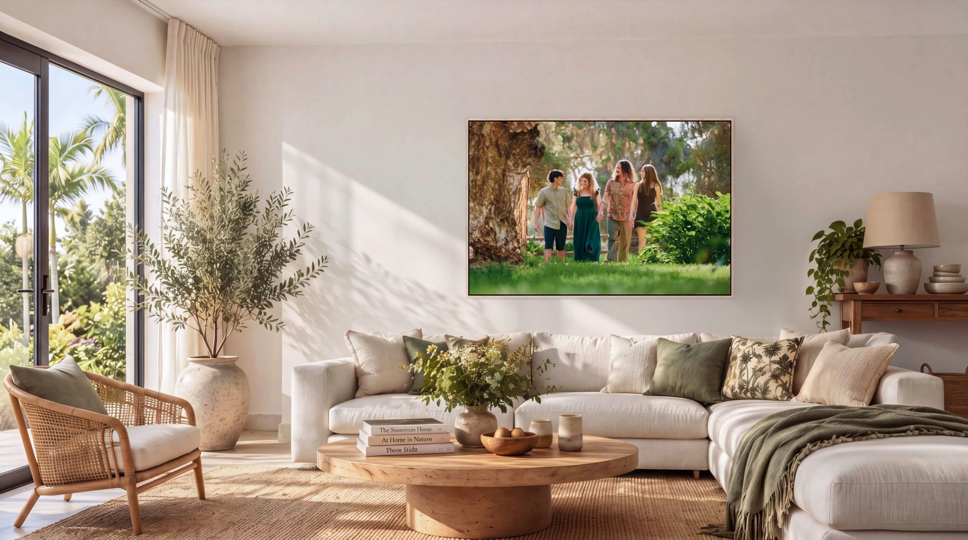 A family portrait hanging as a framed canvas above the sofa in a sunlit living room
