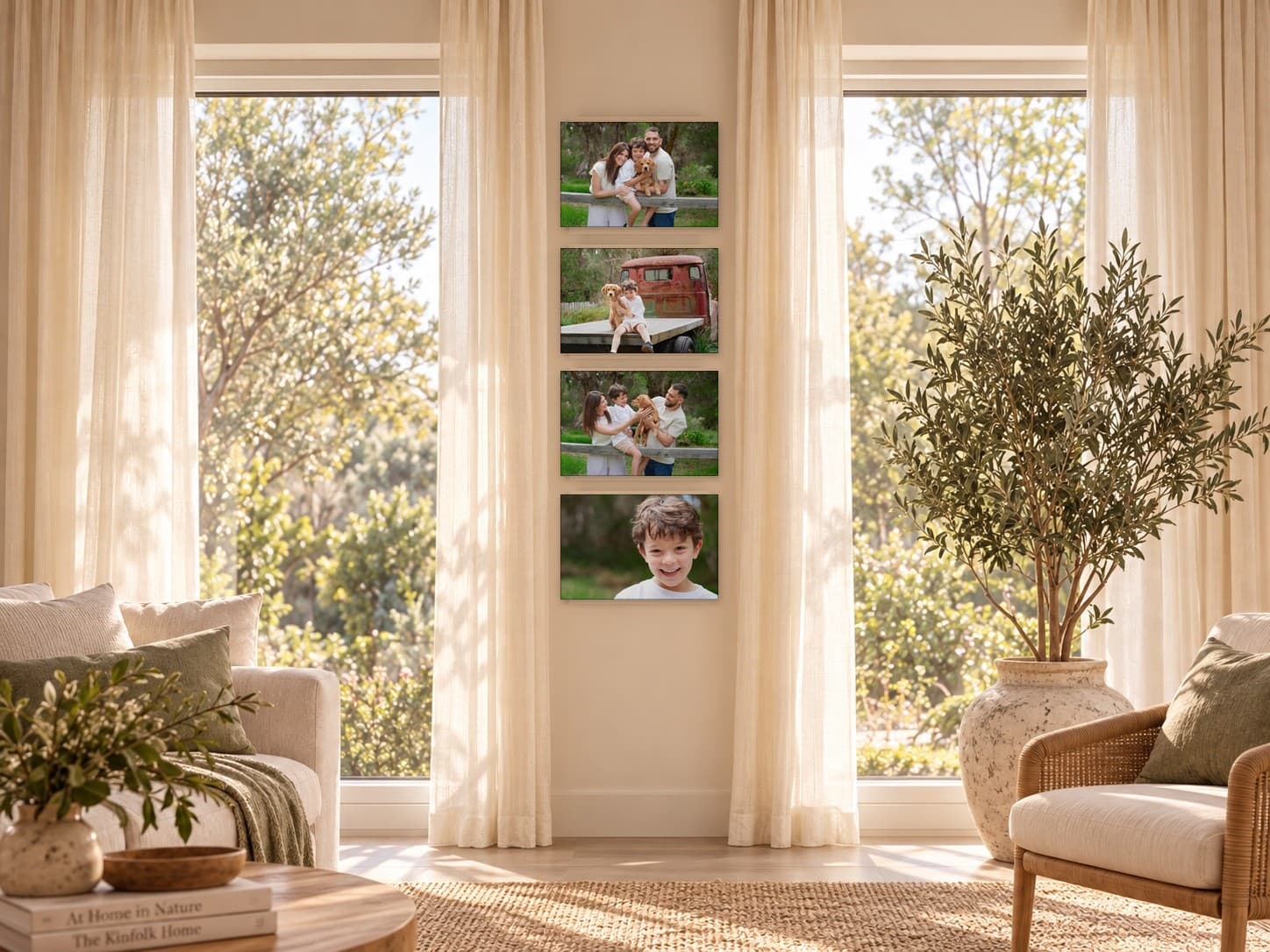 Four Longuet family canvases stacked down the wall between two windows: the family at the fence with their puppy, the boy with the puppy on the old truck, the family laughing with the puppy, and the boy's close-up
