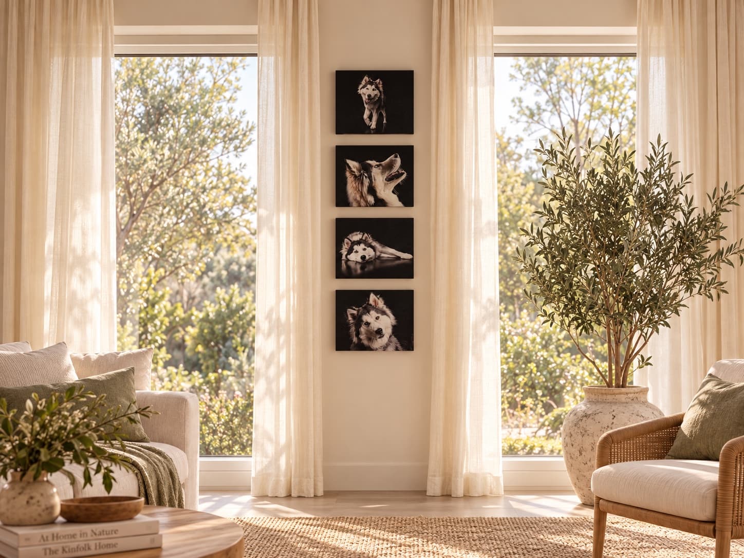 A Canvas Gallery of four dog portraits stacked down the wall between two windows