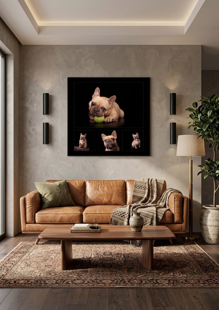 The Citi four-image framed wall display hanging above a leather sofa in a warm living room