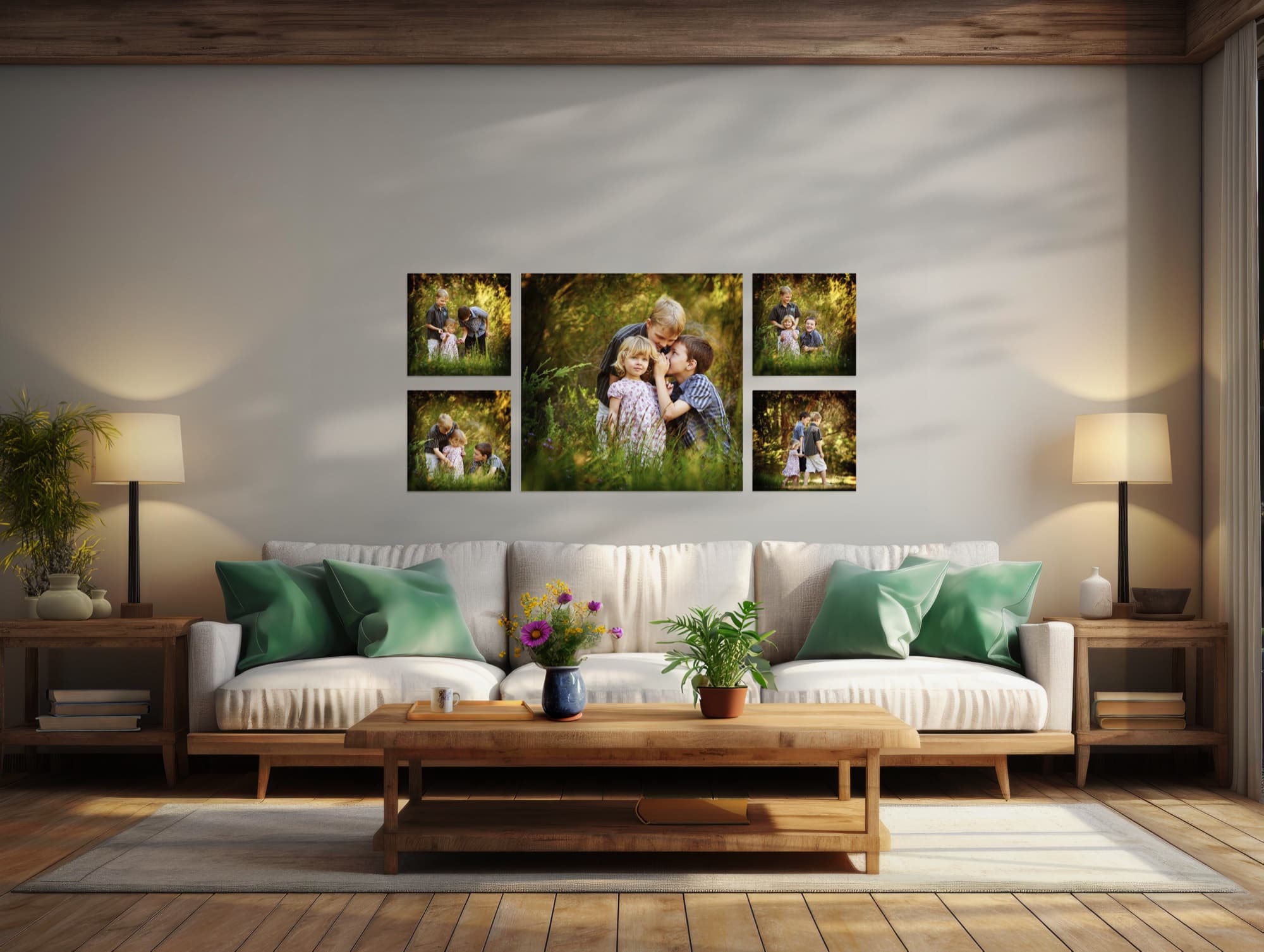 A Cosmo set of five family canvases above a white sofa with green cushions: a large centre portrait of three children in long summer grass, with two smaller canvases either side
