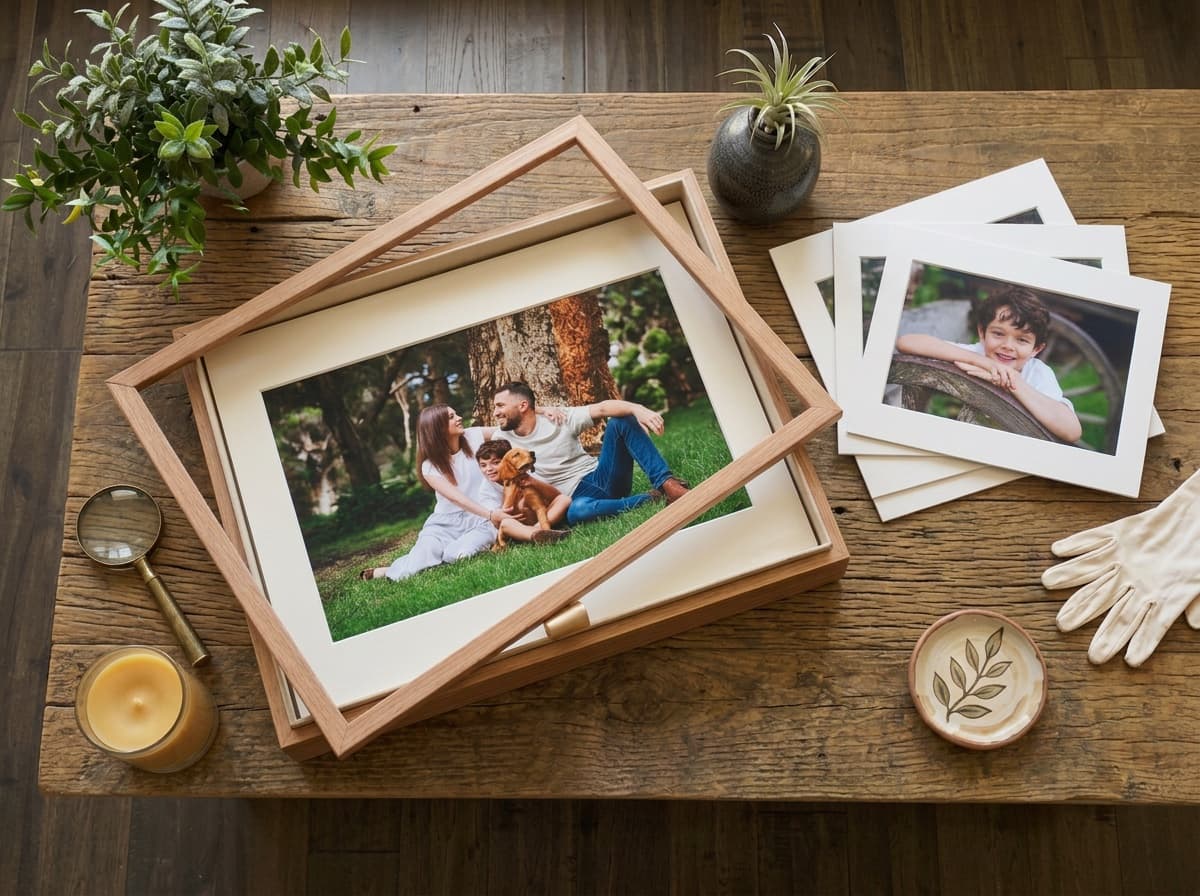 An oak portfolio box open on a rustic table, its lid frame lifted to show a matted family print of parents, their son and puppy, with more matted prints fanned beside it