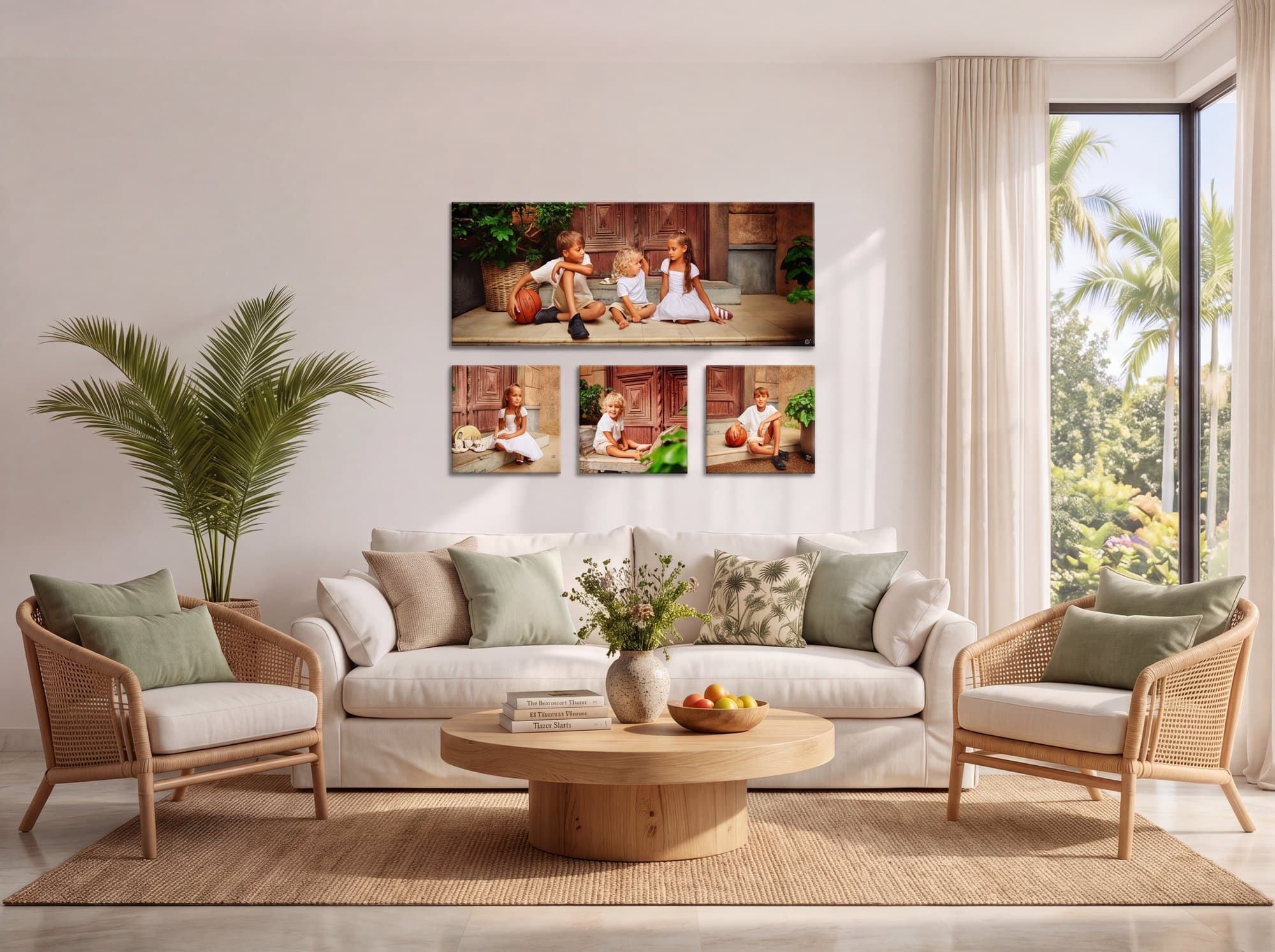 The Vue canvas wall display above a white sofa: one long canvas of three children on old doorstep steps, with three square canvases below