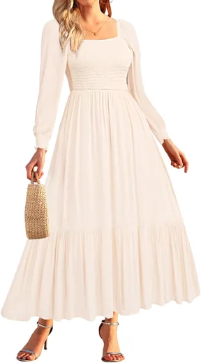 Woman in a cream square-neck smocked puff-sleeve flowy maxi dress, product photo