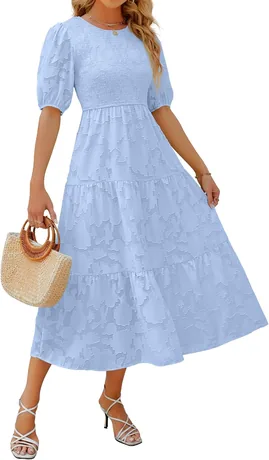 Light chambray blue smocked lace puff-sleeve midi dress, product photo