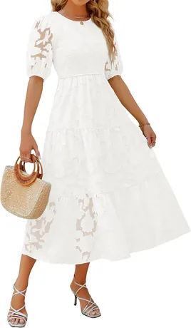 White smocked lace puff-sleeve flowy midi dress, product photo