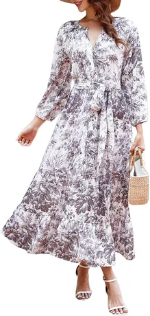Mauve and grey floral ruffled maxi dress with puff sleeves, product photo