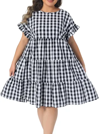 Navy and white gingham ruffle-sleeve tiered dress, product photo