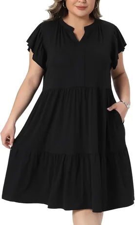 Black ruffle-sleeve V-neck tiered midi dress in a plus size fit, product photo