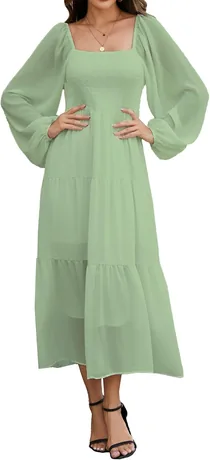 Sage green smocked square-neck boho maxi dress with sheer sleeves, product photo