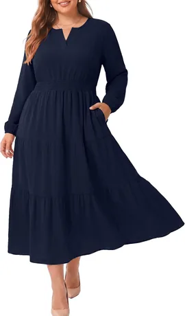 Navy boho long-sleeve maxi dress in a plus size fit, product photo